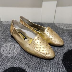 Vintage Dexlite Gold Studded Leather Flats – 80s Metallic Loafers